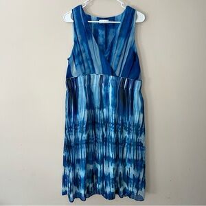 Calvin Klein Women V Neck Dress Blue Ombre Sleeveless Watercolor Size 12